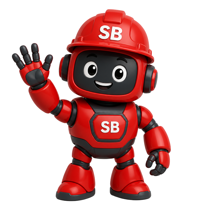 Maskot Stavbasee — červený robot ve stavební přilbě